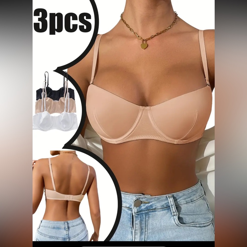 🛑 6/$25 NWOT 3-Piece Bra Set - Black, White, Tan
